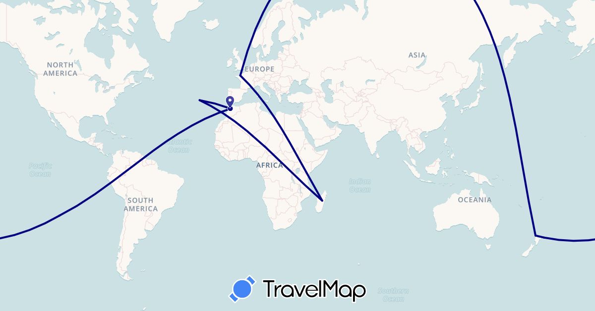 TravelMap itinerary: driving in Chile, France, Morocco, Madagascar, New Zealand, Portugal (Africa, Europe, Oceania, South America)