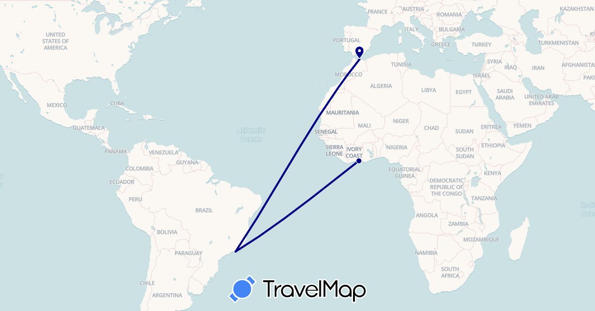 TravelMap itinerary: driving in Brazil, Côte d'Ivoire, Morocco (Africa, South America)